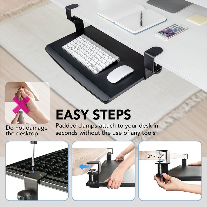 EHO صينية لوحة المفاتيح القابلة للتثبيت على المكتب EHO Prime، درج منزلق قابل للسحب تحت المكتب، منصة مريحة موفرة للمساحة للوحة المفاتيح القياسية، تمديد محطة العمل الكبير 20" x 11.5" - Image 2